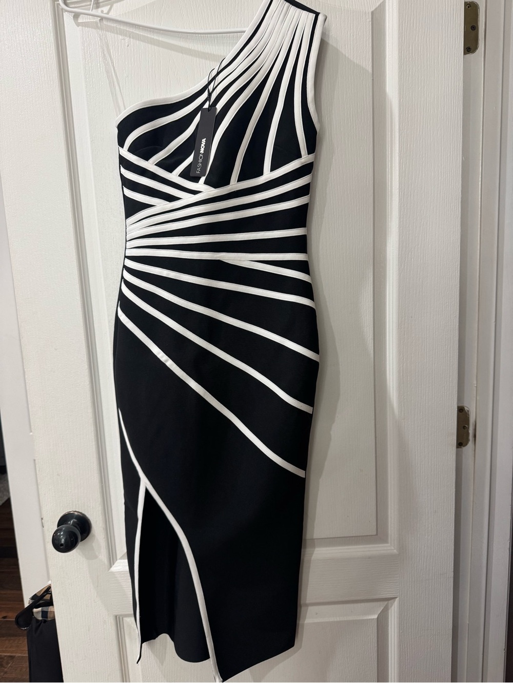 Fashion Nova Black and White One-Shoulder Striped Bandage Dress